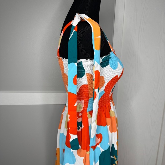 Floral Maxi Dress Size S Smocked Bodice Tie Straps Pockets Bright Print NWT - Picture 5 of 9